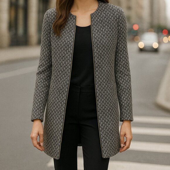 Zara Tweed Collarless Zip Front Mid Length Coat Size Medium - Picture 1 of 6